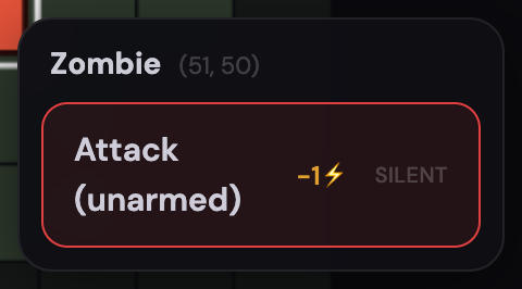 Close-up of the menu: Zombie, then the attack row, unarmed, one energy, silent