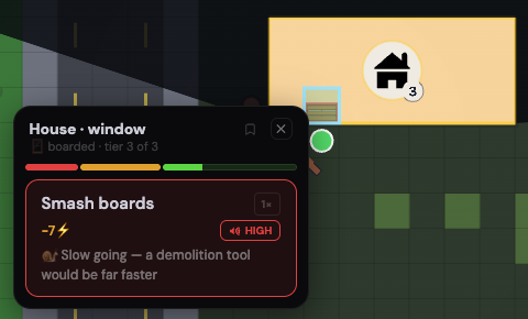 A sealed window, third grade, tapped from the street with a crowbar in hand. Only one way in: smash the boards, and the note says a crowbar is the wrong tool for it