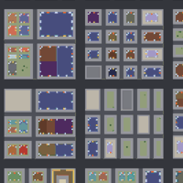 A close-up of a few downtown blocks. Every building is ringed with small dots: orange for a front door, amber for a back door, pale blue for windows