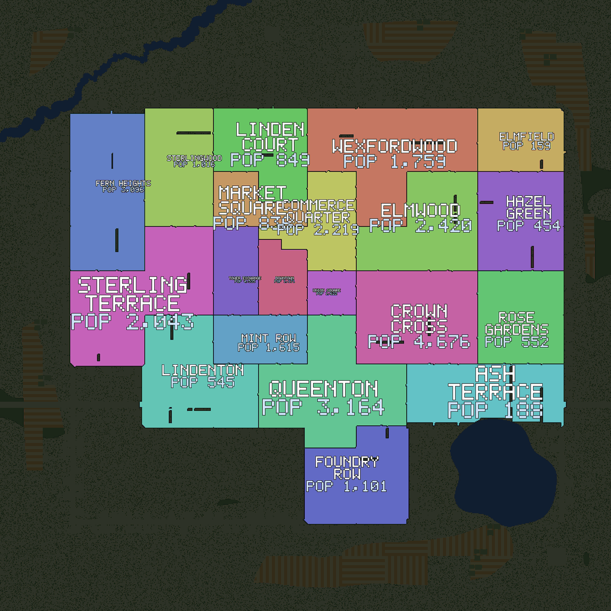 The neighbourhoods. Each one a colour, with its name and how many people lived there. The small dense ones are downtown, the big ones are the suburbs