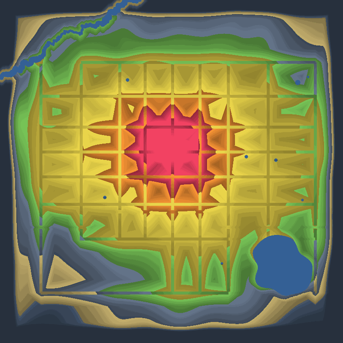 The land value map. Red is the centre, and it fades out through yellow and green to grey and tan at the edge. The river is the blue line, the lake the blue blob