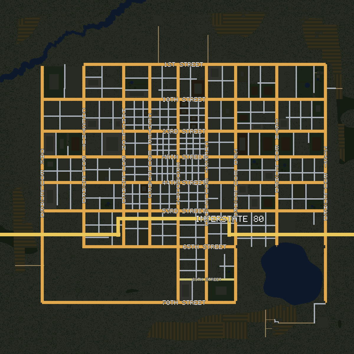 The street map. The highway in bright yellow, the main streets in orange, the little streets in white. Every one of the orange ones has a name