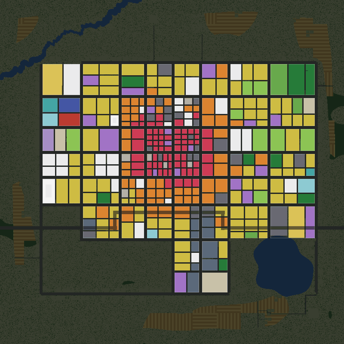 The zone map. Red is the core, orange is commercial, yellow is residential, green is suburb, blue-grey is industrial. Everything else is a special use: dark green parks, grey car parks, purple civic, light green sports fields, and facilities in their own colours. White is a building site, an empty lot or a landmark
