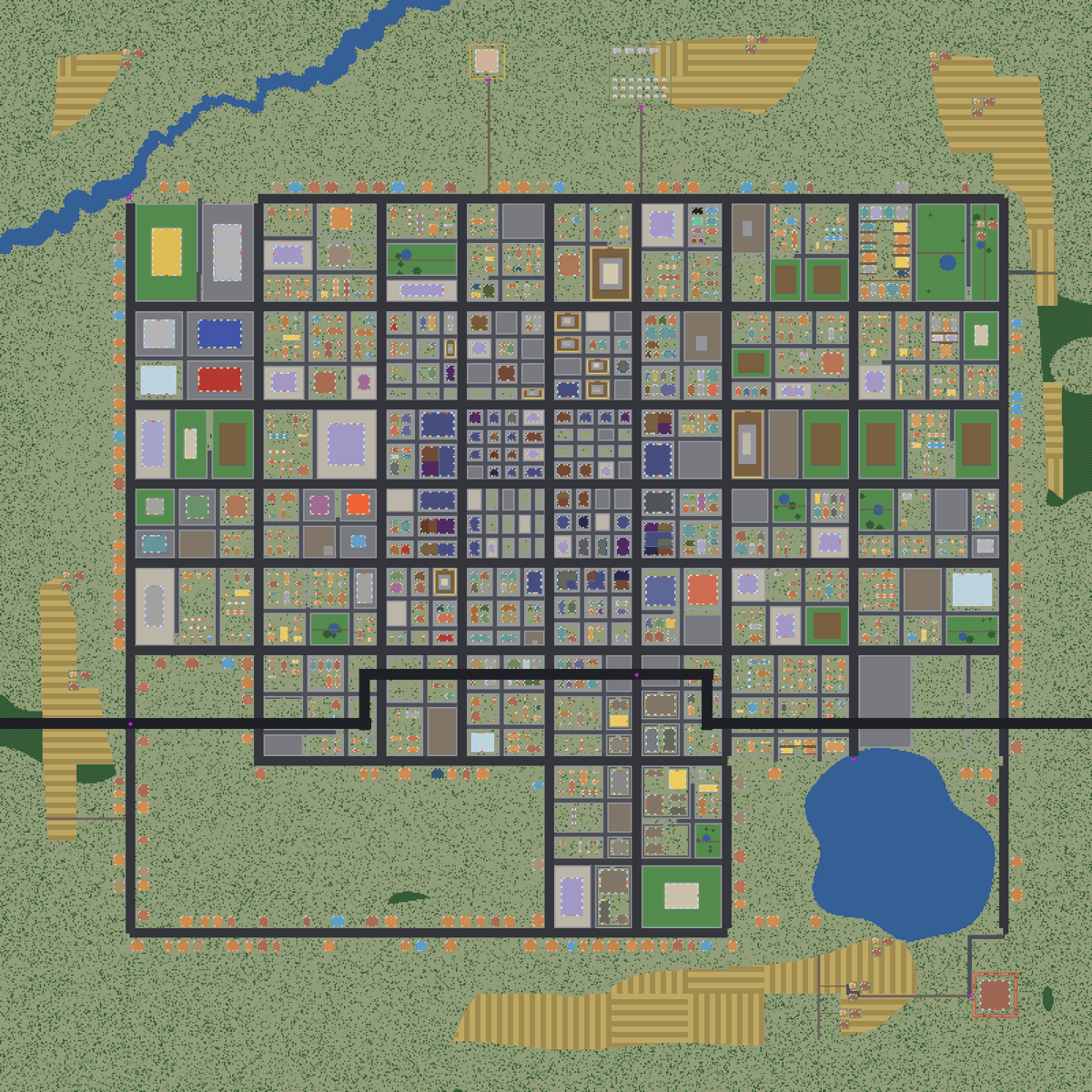 One city, seen from above. Downtown in the middle, houses around it, the highway across the bottom, farms and a prison out past the ring road
