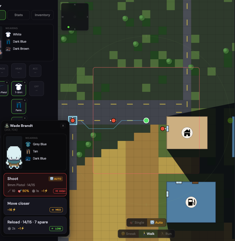 The same pistol, a zombie at the far end of the street. Auto is on, so Shoot carries the AUTO badge. The damage number is lower for the distance and there’s a fifty percent chance it lands at all. Two more are nearer, one on the road in between and one by the house window
