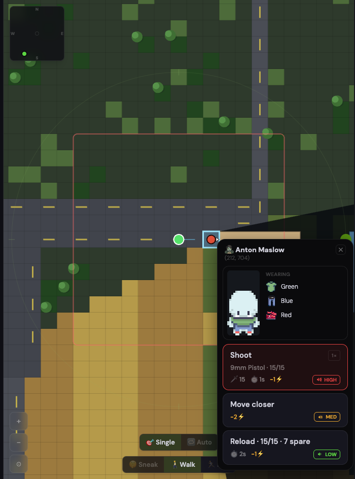 Tapping a zombie one step away with a pistol. Shoot says what it will do: which gun, how many rounds are left, how hard it hits, how long until the next one, what it costs, and how loud it is. The 1x badge means this tap is one shot