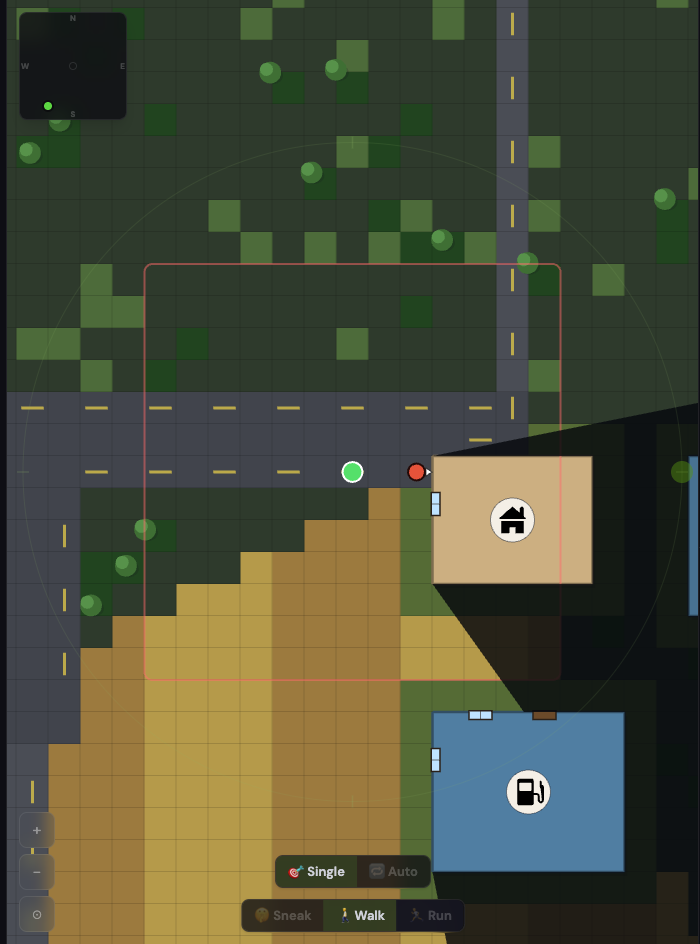The pistol’s range drawn as a square on the street. A zombie at the edge of it, the Single and Auto toggle at the bottom, and the pistol in the main hand