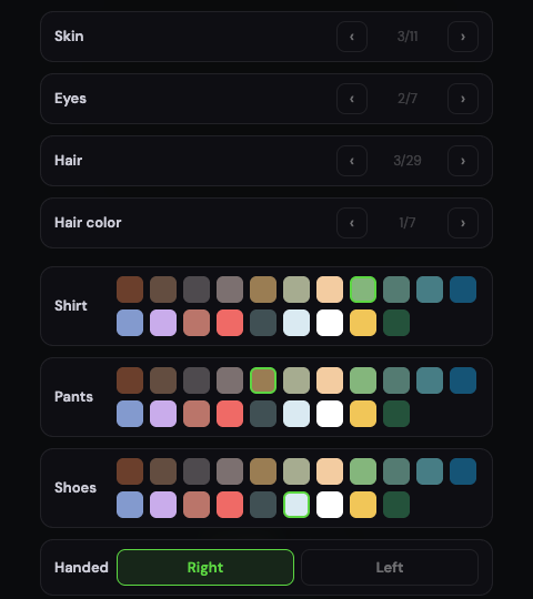 The rest of the screen: skin, eyes, hair and hair colour as steppers, then a row of swatches each for shirt, pants and shoes, and a right or left hand toggle