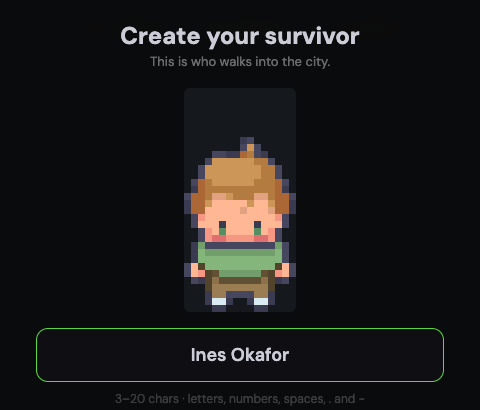 The top of the screen: your survivor, your name, and the rules for a name