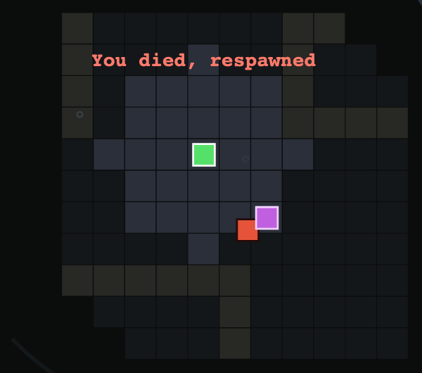 The moment after dying. You died, respawned in red across the top of the map, the new survivor in green, and below it a purple reanimated survivor next to a red zombie