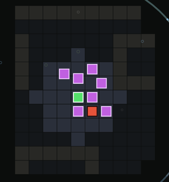 The survivor in green, seven reanimated survivors in purple around it, and one ordinary zombie in red between them