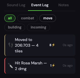 The event log, a few minutes into a survivor’s life. A walk of four tiles and what it cost, and one hit on a zombie called Rosa Marsh and what it did