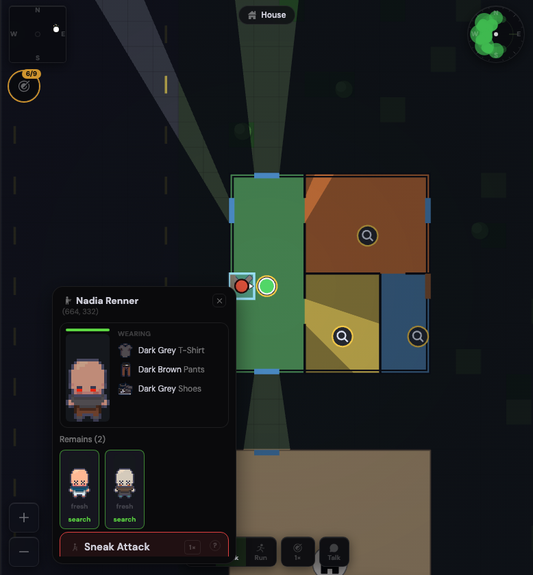 Inside the house, a zombie on the doorway tile. Tapped from beside it, the menu offers the attack