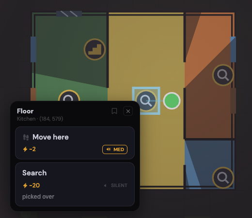 The kitchen tile menu. The Search row costs 20 energy, is silent, and reads picked over