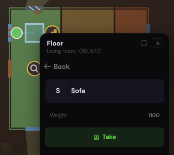 An item sheet: a lettered placeholder tile marked S, the name Sofa, a weight far past the carry limit, and a Take button