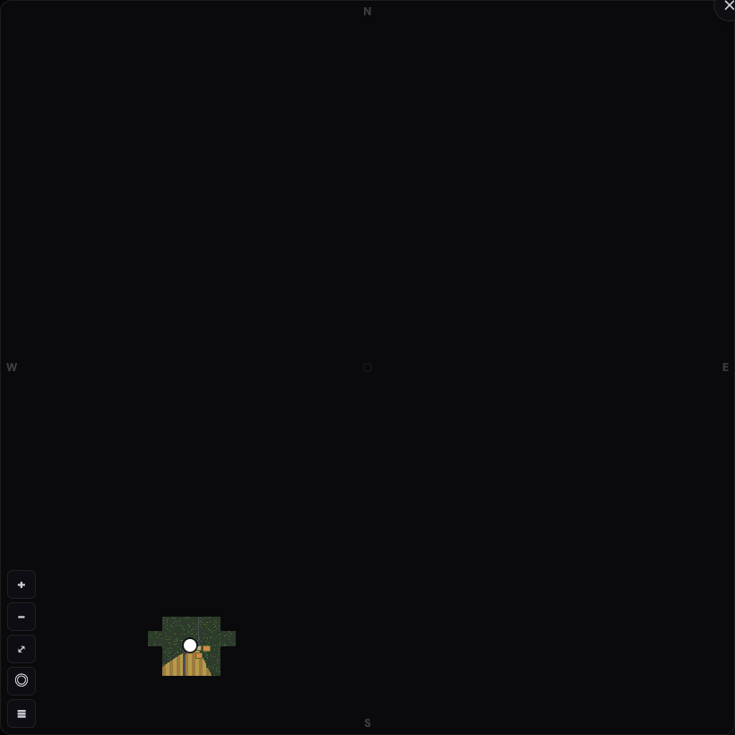 The full map, opened from the corner minimap. A city the size of the whole square, and the one patch of it this survivor has seen. Everything else is dark because you’ve never been there, and the map never shows what you haven’t seen
