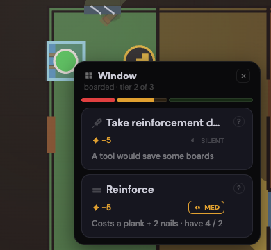 The board menu on a window at tier two of three. Reinforce costs a plank and two nails, and the row says have four of two