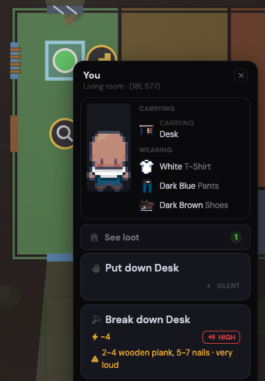 The tile menu while carrying the desk: the survivor’s card with the desk under Carrying, then Put down Desk, silent, and Break down Desk, four energy, high noise, two to four planks and five to seven nails, very loud