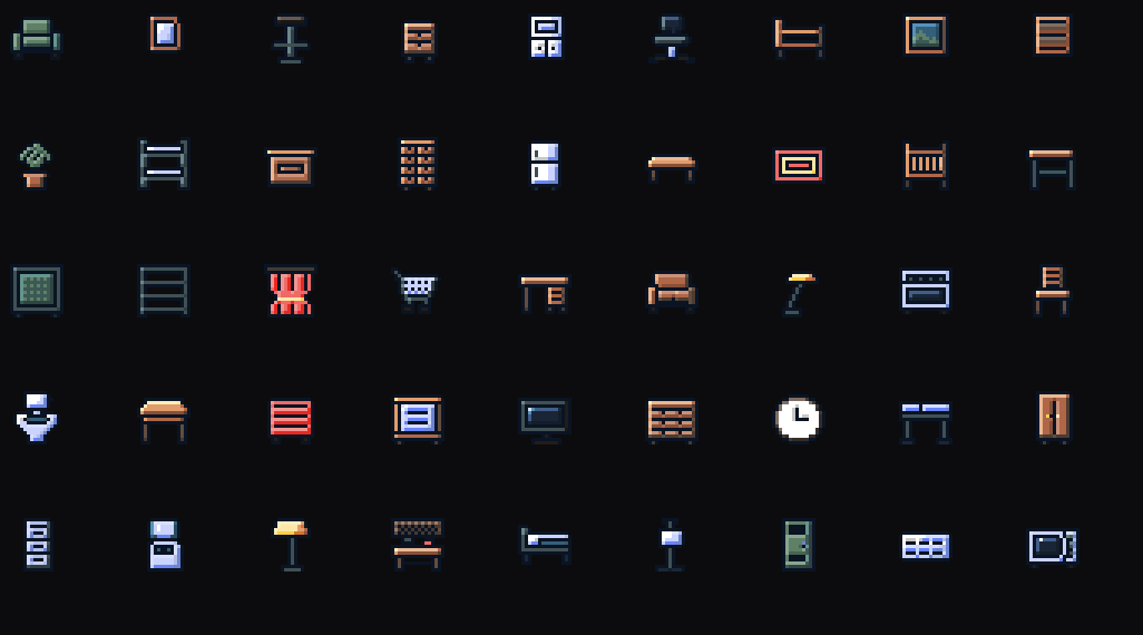 A grid of the furniture icons: armchair, painting, bar stool, drawers, filing cabinet, desk lamp, bunk, bookshelf, potted plant, curtains, a shopping cart, a toilet, a wall clock, a wardrobe, a stove, a fridge and more