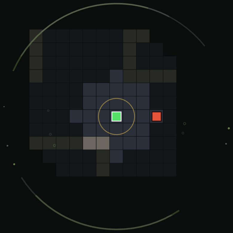 The survivor is the green square, the zombie the red one three tiles east. The small yellow ring is a shout spreading, and the faint arcs and dots at the edge of the view are sounds arriving