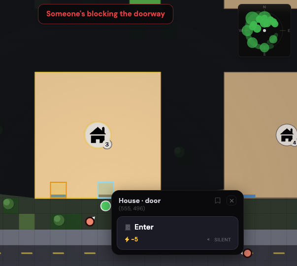 Tapping enter on a house with a zombie standing just inside. The game refuses: someone’s blocking the doorway
