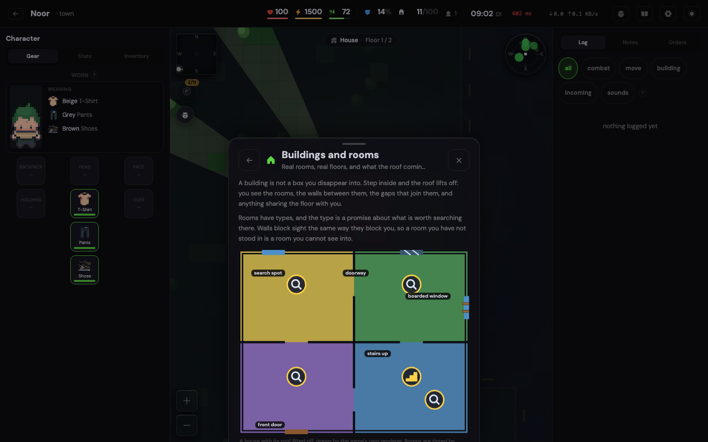 The Buildings and rooms article on a desktop. A drawn house with its roof off, four coloured rooms, labels on a search spot, a doorway, a boarded window, the stairs up and the front door