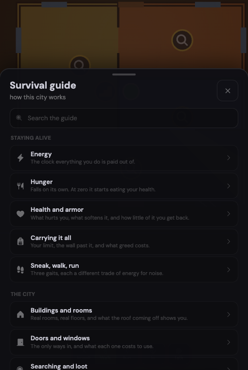The Survival Guide index. A search box, then a list: Energy, Hunger, Health and armor, Carrying it all, Sneak walk run, Buildings and rooms, Doors and windows, with the house still visible above the sheet