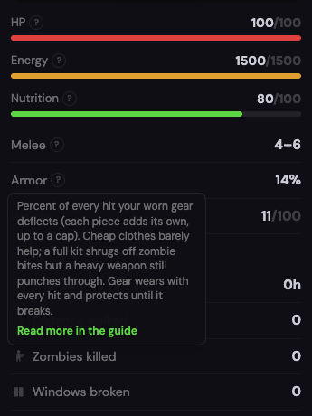The Stats panel. A tip pinned under the Armor row explains what armor deflects, and offers Read more in the guide