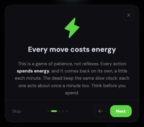 The intro slide: a lightning bolt, the title Every move costs energy, and the text that this is a game of patience and the dead act about once a minute too