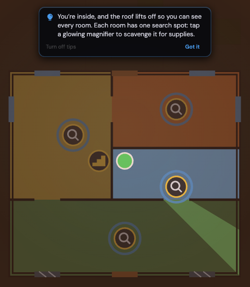 Inside a house. Every search magnifier wears a pulsing blue ring, and the tip says the roof lifts off so you can see every room