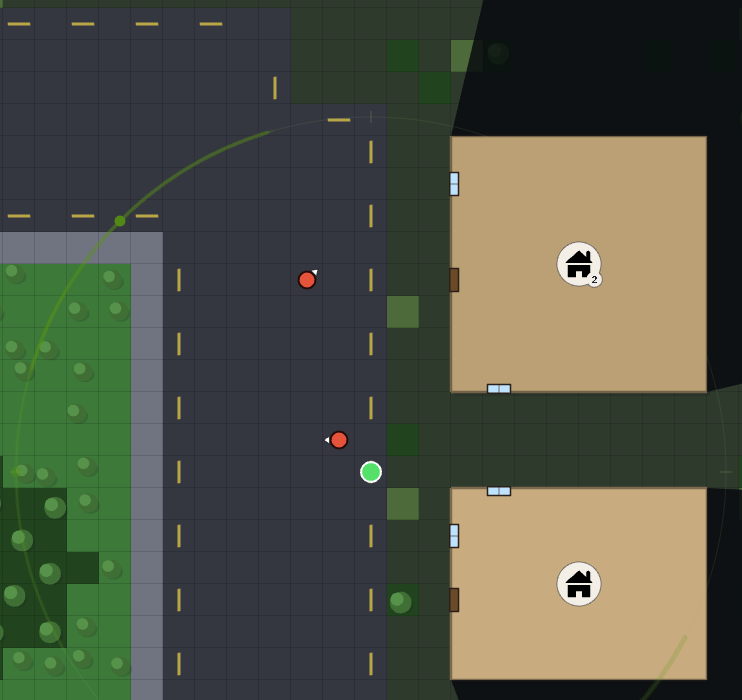 Close up. Two houses on a street. The badge says what it is and how many floors. The brown blocks on the wall are doors, the pale ones are windows, and the dark behind the top house is where sight stops
