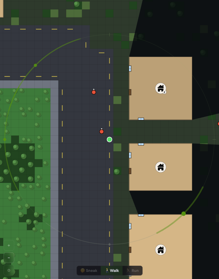 After. A row of houses at noon. Behind every house the ground is cut out of sight in a dark wedge, and a zombie on the right stands in the lit gap between two houses