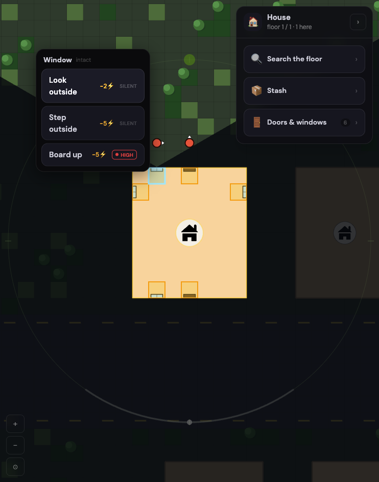 Looking out of the north window. A cone of ground lights up past the wall, and there are two zombies at the foot of it that weren’t on the map a moment ago