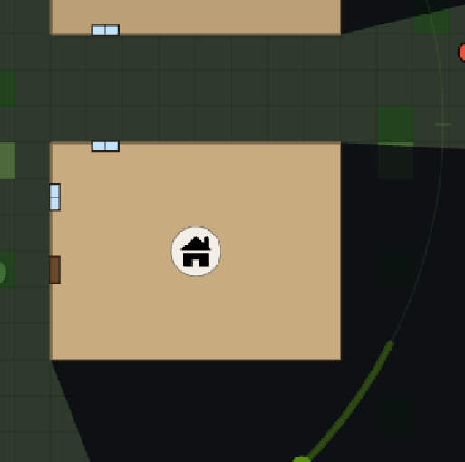 Close-up of one house. The strip between it and its neighbour is lit, the ground behind it is black, and a zombie sits at the edge of the dark in the top corner