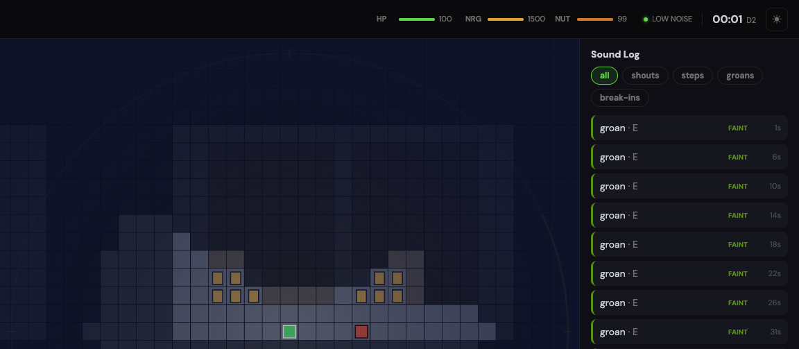Midnight on the same street. The map goes deep blue, the lit area pulls in tight around the survivor, the zombie four tiles east is still in view, and the log on the right is faint groans from the east, every few seconds