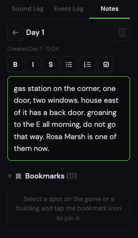 The notebook. A page with a title, a few formatting buttons, and whatever you thought was worth writing down. Below it, bookmarks, which pin a place on the map with a name
