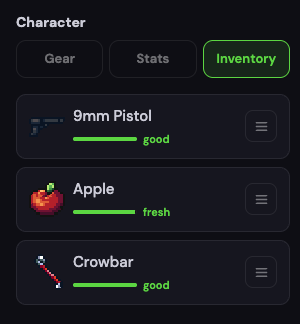 The pack. A pistol, an apple, a crowbar. Two of the bars are condition and one is freshness
