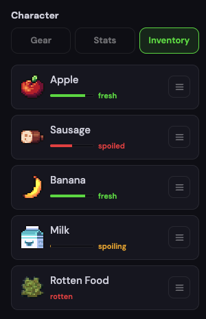 A pack a few days on. The apple and the banana are holding, the milk is spoiling, the sausage has spoiled, and what was a popsicle is now just rotten food with no bar left to show