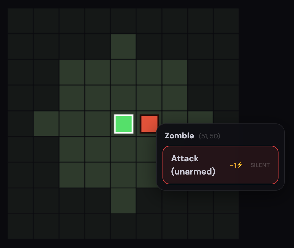 Tap a zombie. The survivor is the green square, the zombie the red one beside it, and the menu shows the one thing you can do to it, with the cost and the noise