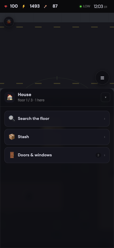 Inside a house on the phone. The sheet takes the bottom of the screen with a short list of what you can do, and the street stays visible above it