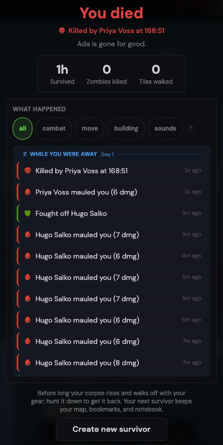 The You died screen in the practice town. Killed by Priya Voss, Ada is gone for good, then a list of every mauling that got Ada there, all marked While you were away, and a Create new survivor button