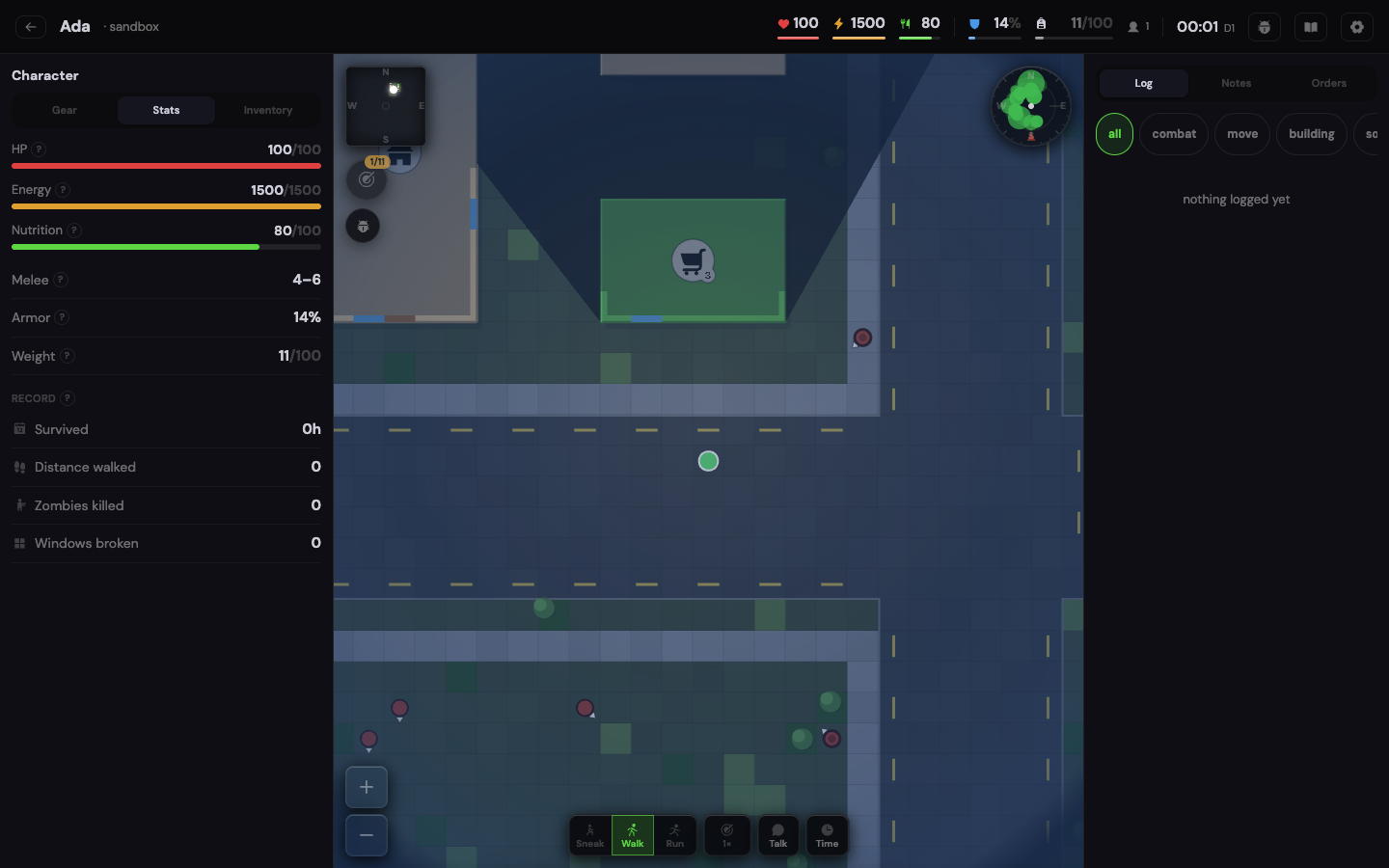 The practice town at night on a large screen. A wide road with dashed lines and the survivor alone on it, a supermarket across the road, the vitals across the top, the stats on the left, an empty log on the right and the deck at the bottom with a Time button, the same screen as a real city