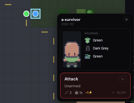 The other survivor, tapped. Face, clothes, and one line: attack