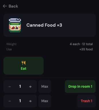 The item sheet for a stack of three cans, with an Eat button, a quantity picker and a green button that says Drop in room 1