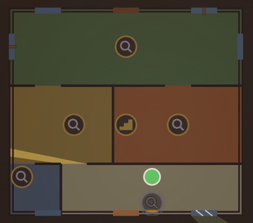A house seen from above: five rooms in different colours, each with a magnifier, the garage’s dim with a bronze level, the survivor standing next to it