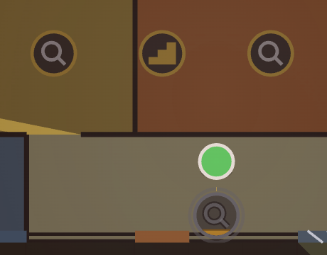 A close-up of a house on the map: the kitchen and dining magnifiers bright, and below them the garage’s dim, with a bronze level along its bottom and a faint ring around it