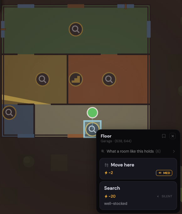 The search menu for a garage: Garage, then a quiet line What a room like this holds (6), Move here for two energy, and Search for twenty energy, well-stocked