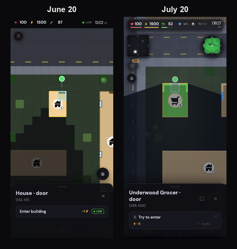 Left, the screen a month ago: a bar on top, a menu button, a sheet at the bottom. Right, a door tapped now: the map fills the phone, the vitals float on a glass card, and the sheet slides up over a live street
