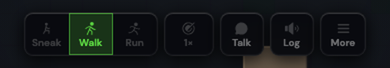 Close-up of the deck: Sneak, Walk, Run, the fire cadence, Talk, Log and More as one row of chips