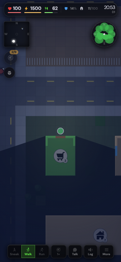 Night on a street. The grocer in front is bright, and the dark wedge behind it is what its walls hide from you